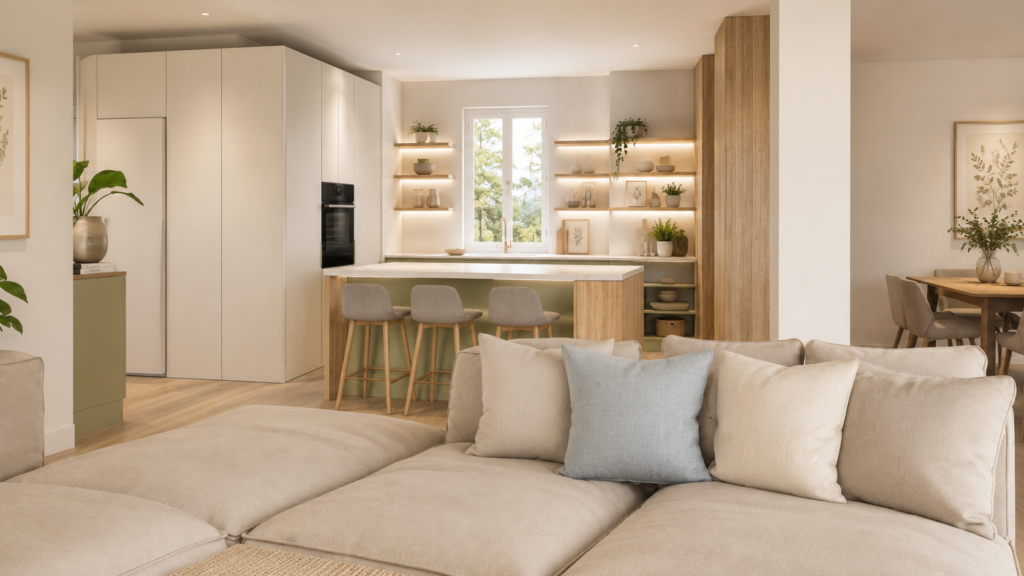 Render di progetto della cucina e del soggiorno – interior design Elisa Corbellini Architetto