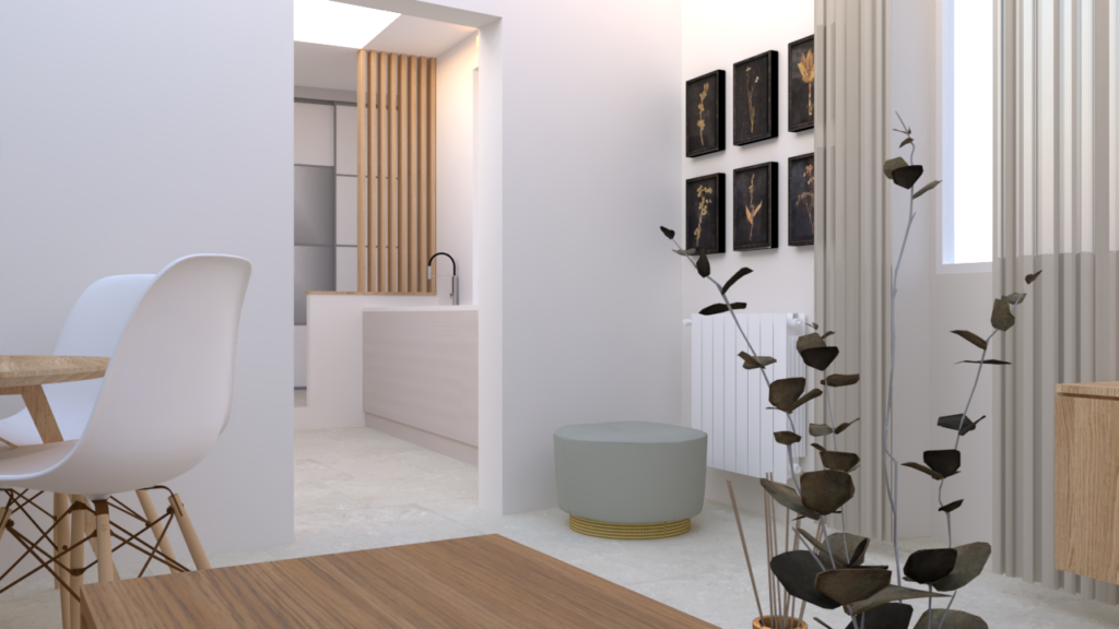 Vista interna del soggiorno e della cucina del progetto Boutique Apartment