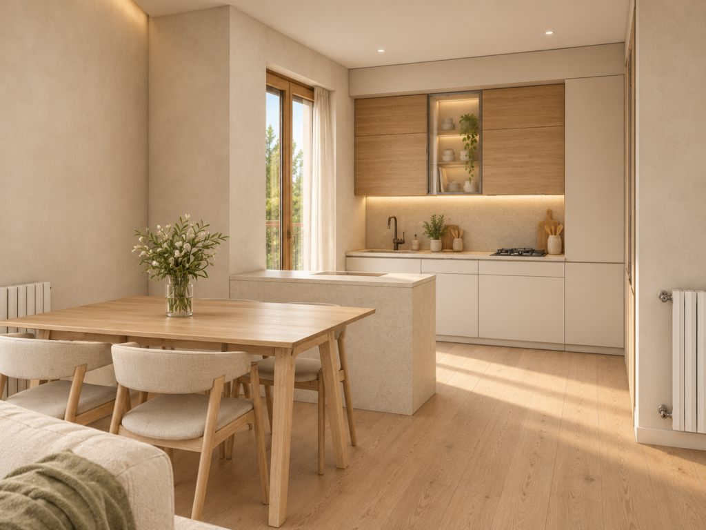 Render di progetto della zona cucina e pranzo – Elisa Corbellini Architetto