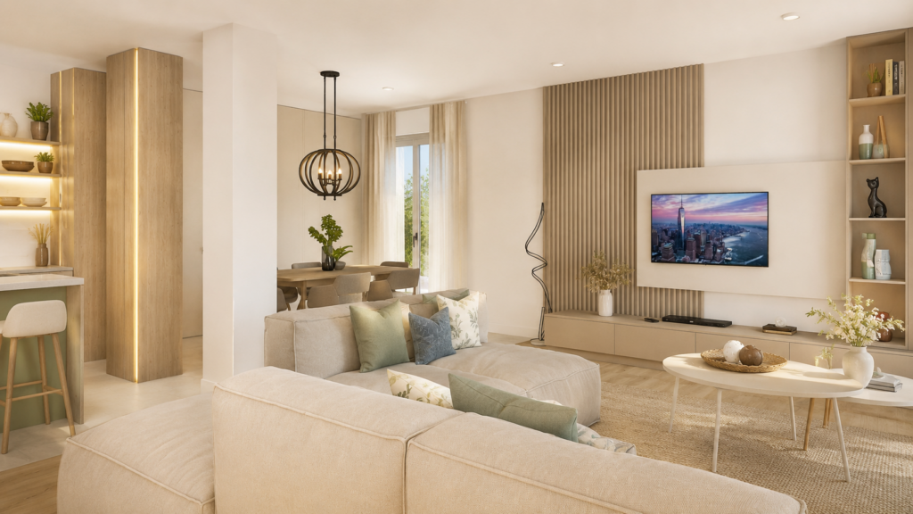 Render di progetto del soggiorno e della zona giorno – Elisa Corbellini Architetto