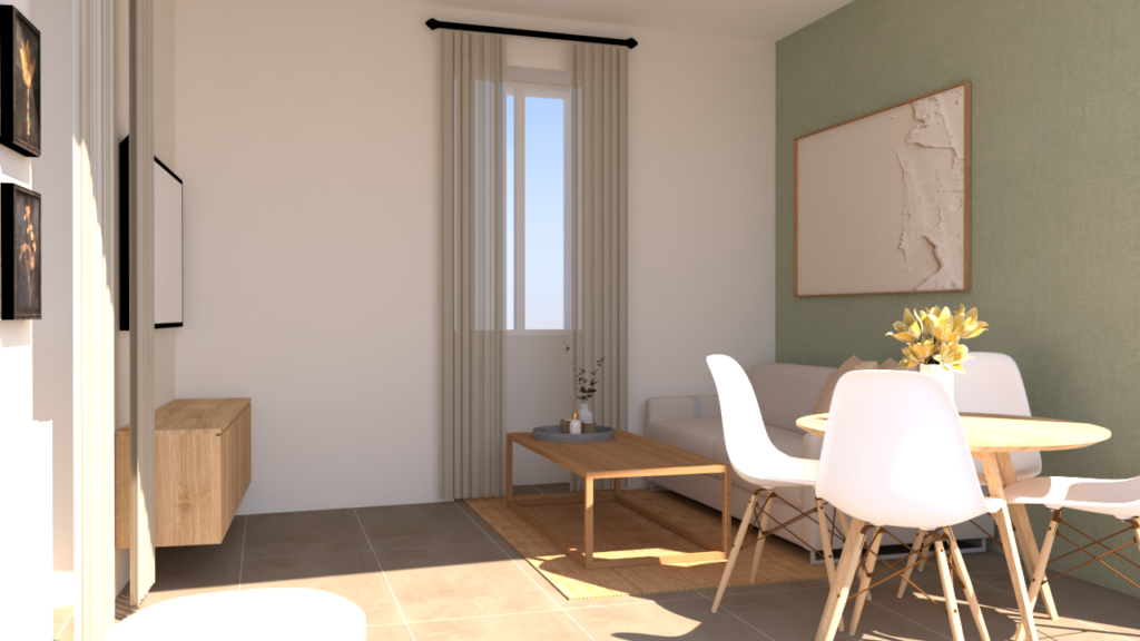 Render della zona giorno del progetto Boutique Apartment